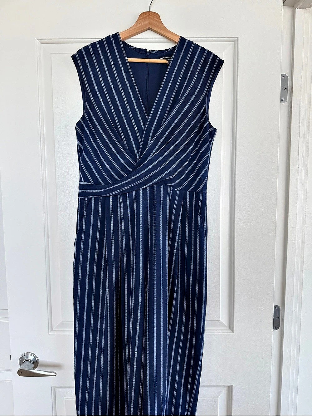 Maggy London Striped Wrap-Front Jumpsuit Blue & White US 10 Like New